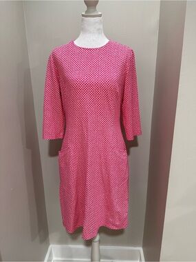 J McLaughlin Bright Pink Geo-Pattern Midi Dress with Three-Quarter Sleeves
